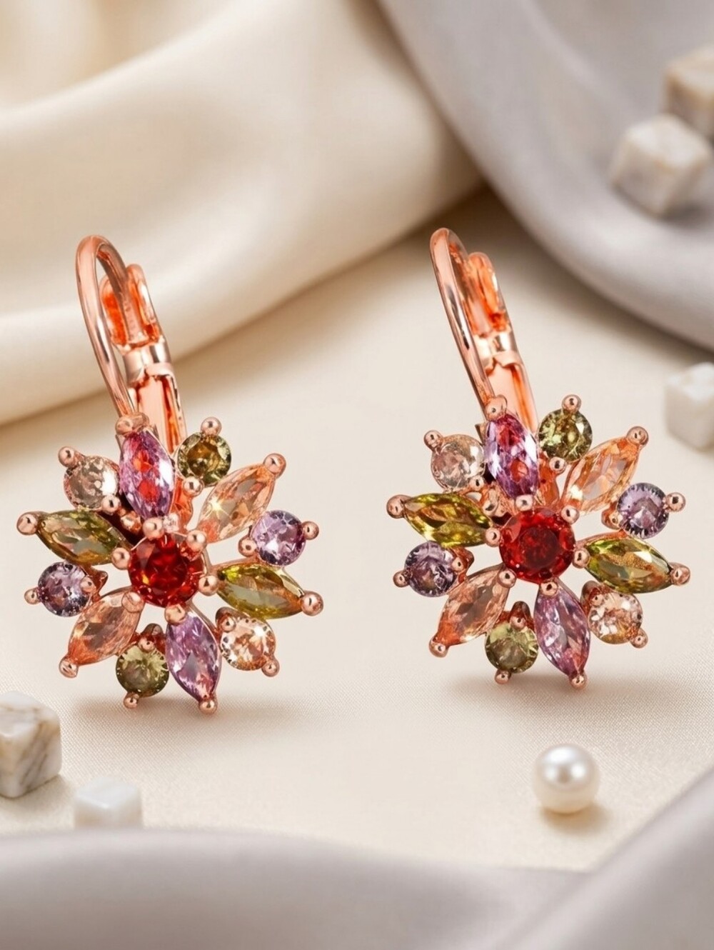 Multicolor Flower Cluster Leverback Earrings in Rose Gold Tone
